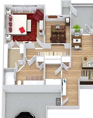 Guadalupe with Attached Garage 3D Guadalupe with Attached Garage 3D. 1 bedroom apartment with study room. Kitchen with island open to living/dinning rooms. 1 full bathroom with double vanity. Walk-in closet. Patio/balcony.